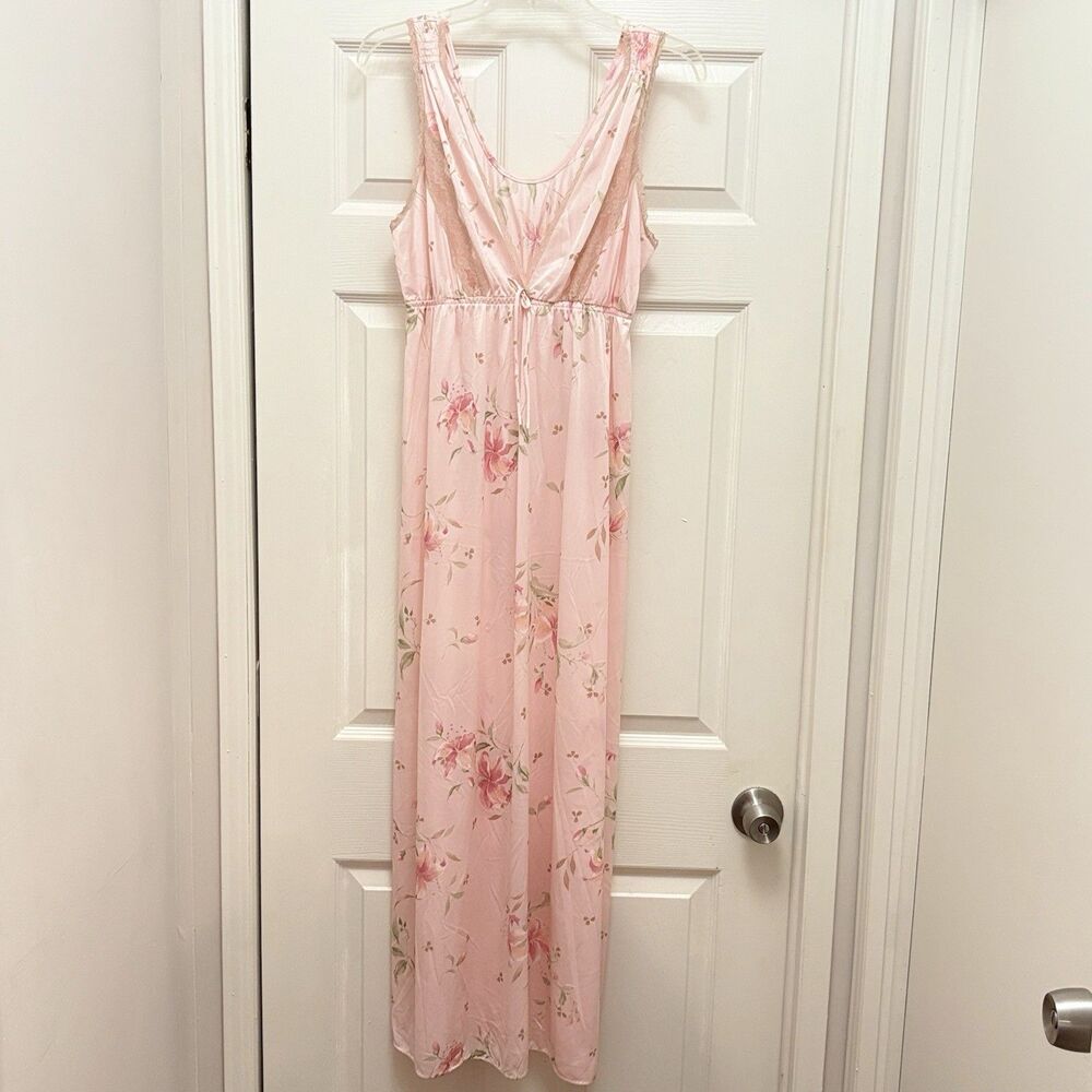 VTG Pink Floral Maxi Nightgown Slip Dress Cottagecore Sheer Lace Lingerie